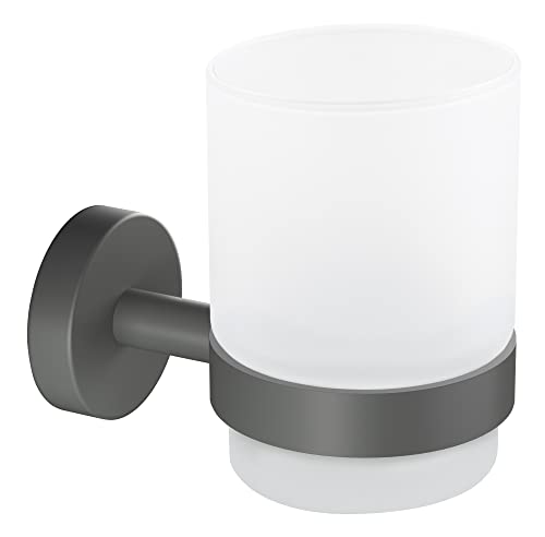 tesa MOON GREY Zahnputzbecher aus satiniertem Glas mit Halter, matt grau - für Bäder im Industrial Style und moderne Badezimmer - bohrfrei, inkl. Klebelösung - 70mm x 96mm x 109mm von tesa