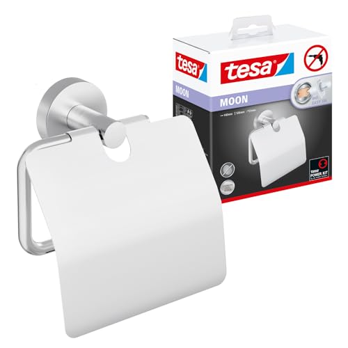 tesa Moon Toilettenpapierhalter mit Deckel, verchromt - WC-Rollenhalter zur Wandbefestigung ohne Bohren, inkl. Klebelösung - 53 mm x 140 mm x 128 mm von tesa