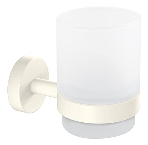 tesa MOON WHITE Zahnputzbecher aus satiniertem Glas mit Halter, matt weiß - für Bäder im Industrial Style und moderne Badezimmer - bohrfrei, inkl. Klebelösung - 70 mm x 96 mm x 109 mm von tesa