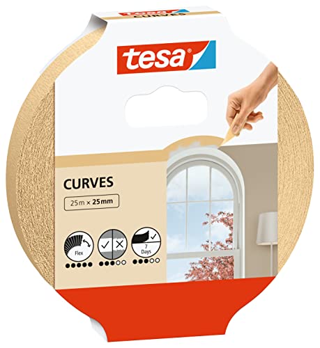 tesa Malerband KURVEN - Kurvenband mit extra starkem Krepp zum Abkleben von Rundungen und unregelmäßigen Formen - für raue und glatte Oberflächen - 25 m x 25 mm von tesa