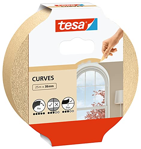 tesa Malerband KURVEN - Kurvenband mit extra starkem Krepp zum Abkleben von Rundungen und unregelmäßigen Formen - für raue und glatte Oberflächen - 25 m x 38 mm von tesa