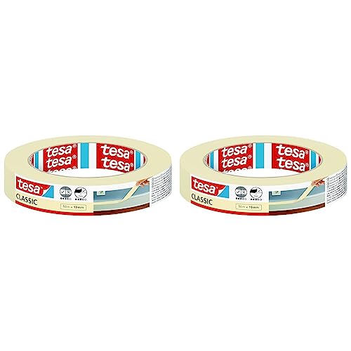 tesa Malerband CLASSIC - Abdeckband zum Abkleben bei Malerarbeiten - lösungsmittelfrei, rückstandslos entfernbar - 50 m x 19 mm (Packung mit 2) von tesa