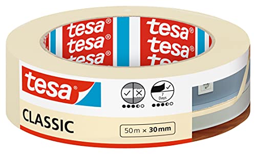 tesa Malerband CLASSIC - Abdeckband zum Abkleben bei Malerarbeiten - lösungsmittelfrei, rückstandslos entfernbar - 50 m x 30 mm von tesa