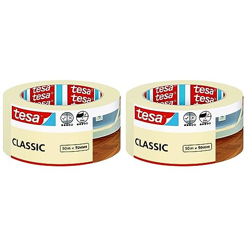 tesa Malerband CLASSIC - Abdeckband zum Abkleben bei Malerarbeiten - lösungsmittelfrei, rückstandslos entfernbar - 50 m x 50mm (Packung mit 2) von tesa