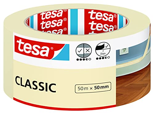 tesa Malerband CLASSIC - Abdeckband zum Abkleben bei Malerarbeiten - lösungsmittelfrei, rückstandslos entfernbar - 50 m x 50mm von tesa