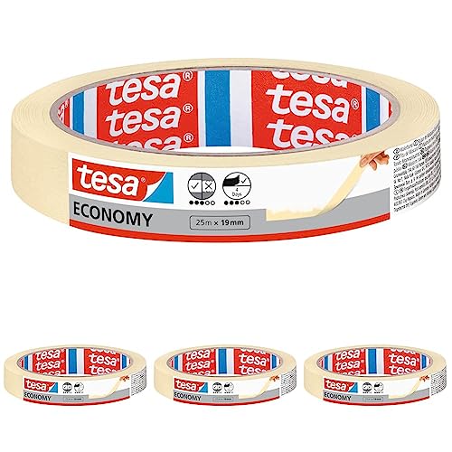 tesa Malerband ECONOMY - Vielseitiges Klebeband für Malerarbeiten ohne Lösungsmittel - Bis zu 4 Tage nach Gebrauch rückstandslos entfernbar, 50 m x 19 mm (Packung mit 4) von tesa
