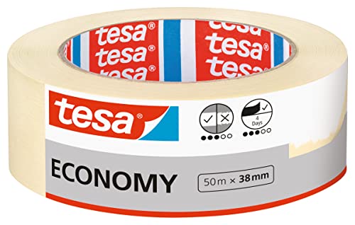 tesa Malerband ECONOMY - Vielseitiges Klebeband für Malerarbeiten ohne Lösungsmittel - Bis zu 4 Tage nach Gebrauch rückstandslos entfernbar, 50 m x 38 mm von tesa