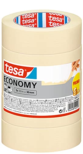 tesa Malerband ECONOMY - Vielseitiges Klebeband für Malerarbeiten ohne Lösungsmittel - Bis zu 4 Tage nach Gebrauch rückstandslos entfernbar, 5x 50 m x 30 mm von tesa