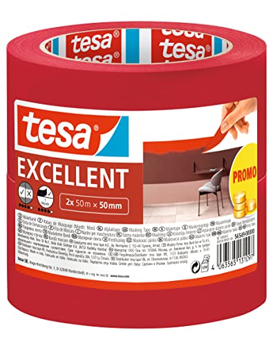 tesa Malerband Excellent - Malerkrepp mit dünnem Papierträger zum Abkleben bei Malerarbeiten - Lacke und Lasuren - für den Innenbereich - 2x 50 m x 50 mm von tesa