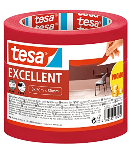 tesa Malerband Excellent - Malerkrepp mit dünnem Papierträger zum Abkleben bei Malerarbeiten - für, Lacke und Lasuren - für den Innenbereich - 3x 50 m x 30mm von tesa