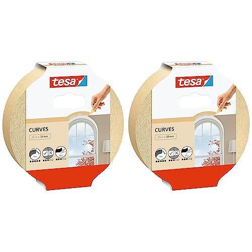 tesa Malerband KURVEN - Kurvenband mit extra starkem Krepp zum Abkleben von Rundungen und unregelmäßigen Formen - für raue und glatte Oberflächen - 25 m x 38 mm (Packung mit 2) von tesa