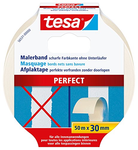 tesa Malerband PERFECT – Dünnes Abdeckband für präzises Abkleben im Innenbereich – aus ungekrepptem Spezialpapier – 50 m x 30 mm von tesa