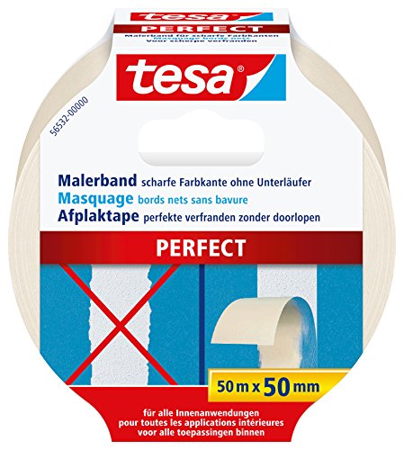 tesa Malerband PERFECT – Dünnes Abdeckband für präzises Abkleben im Innenbereich – aus ungekrepptem Spezialpapier – 50 m x 50 mm von tesa