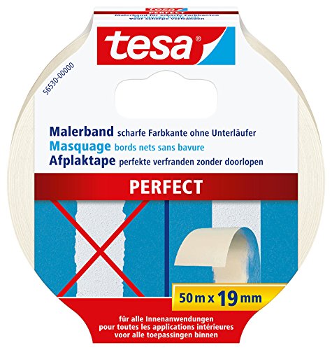 tesa Malerband PERFECT – Dünnes Abdeckband für präzises Abkleben im Innenbereich – aus ungekrepptem Spezialpapier – 50 m x 19 mm von tesa
