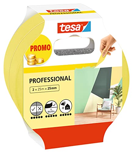 tesa Malerband Professional - Malerkrepp aus dünnem Washi-Papier zum besonders präzisen Abkleben bei Malerarbeiten - für innen und außen - 2x 25 m x 25 mm von tesa