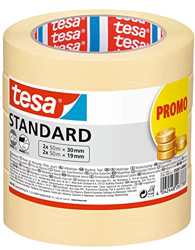 tesa Malerband Standard - 4er Pack - Malerabdeckband mit starker Haftung zum Abkleben bei Malerarbeiten - lösungsmittelfrei - 2 x 50m x 19mm + 2x 50m x 30mm tesa Malerband Standard - 4er Pack - Malerabdeckband mit starker Haftung zum Abkleben bei Malerarbeiten - lösungsmittelfrei - 2 x 50m x 19mm + 2x 50m x 30mm von tesa