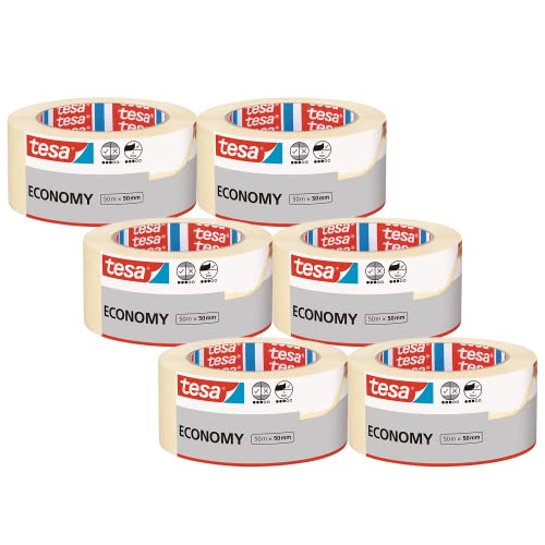 tesa Malerband ECONOMY im 6er Pack - Vielseitiges Klebeband für Malerarbeiten ohne Lösungsmittel - rückstandslos entfernbar - Breit - 6 Rollen je 50 m, 50m x 50mm von tesa