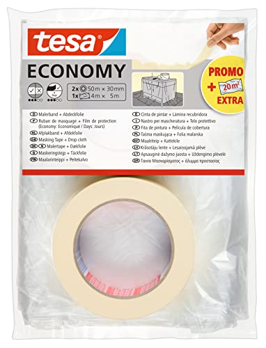 tesa Malerband ECONOMY - Vielseitiges Klebeband für Malerarbeiten ohne Lösungsmittel - Bis zu 4 Tage nach Gebrauch rückstandslos entfernbar, 2x 50 m x 30 mm + Abdeckfolie tesa Malerband ECONOMY - Vielseitiges Klebeband für Malerarbeiten ohne Lösungsmittel - Bis zu 4 Tage nach Gebrauch rückstandslos entfernbar, 2x 50 m x 30 mm + Abdeckfolie von tesa