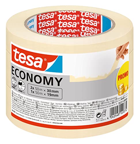 tesa Malerband ECONOMY - Vielseitiges Klebeband für Malerarbeiten ohne Lösungsmittel - Bis zu 4 Tage nach Gebrauch rückstandslos entfernbar - 2 x 50m x 30mm + 1 x 50m x 19mm von tesa