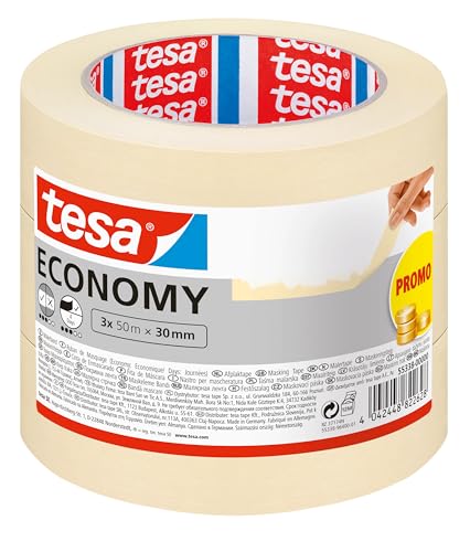 tesa Malerband ECONOMY - Vielseitiges Klebeband für Malerarbeiten ohne Lösungsmittel - Bis zu 4 Tage nach Gebrauch rückstandslos entfernbar, 3x 50 m x 30 mm von tesa