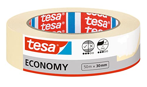 tesa Malerband ECONOMY - Vielseitiges Klebeband für Malerarbeiten ohne Lösungsmittel - Bis zu 4 Tage nach Gebrauch rückstandslos entfernbar, 50 m x 30 mm von tesa