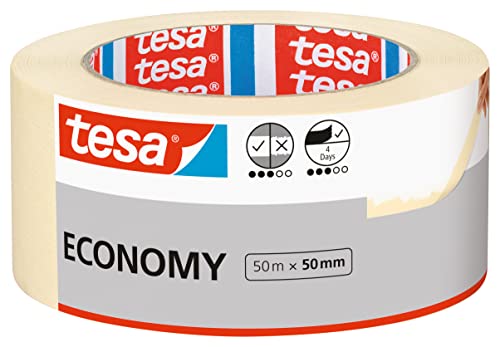 tesa Malerband ECONOMY - Vielseitiges Klebeband für Malerarbeiten ohne Lösungsmittel - Bis zu 4 Tage nach Gebrauch rückstandslos entfernbar, 50 m x 50 mm von tesa
