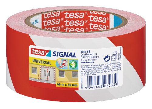 tesa Signal Markierungsklebeband UNIVERSAL - selbstklebendes Warnband zur permanenten Markierung und Kennzeichnung von Gefahrenzonen - aus robustem PP - 66 m x 50 mm - Rot / Weiß von tesa