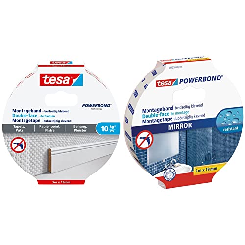 tesa Montageband Tapete&Putz, 10 kg Haltekraft pro Meter - 5 m x 19 mm & Powerbond MIRROR - Doppelseitiges Montageband zur Fixierung von Spiegeln - feuchtigkeitsbeständig für Bad - 5 m x 19 mm tesa Montageband Tapete&Putz, 10 kg Haltekraft pro Meter - 5 m x 19 mm & Powerbond MIRROR - Doppelseitiges Montageband zur Fixierung von Spiegeln - feuchtigkeitsbeständig für Bad - 5 m x 19 mm von tesa