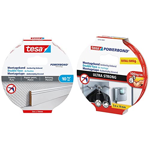 tesa Montageband Tapete&Putz, 10 kg Haltekraft pro Meter - 5 m x 19 mm & Powerbond ULTRA STRONG - Doppelseitiges, extra starkes Montageband zur permanenten Befestigung im Außen- und Innenbereich - 5 m von tesa