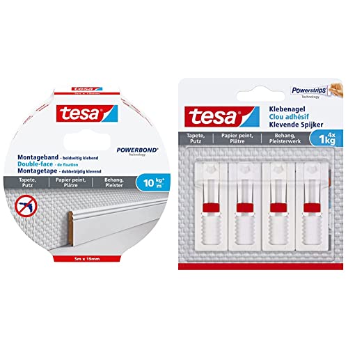 tesa Montageband Tapete&Putz, 10 kg Haltekraft pro Meter - 5 m x 19 mm & Verstellbarer Klebenagel (für Tapeten und Putz 1 kg, Höhenverstellbarer, selbstklebender Wandnagel, bis zu 1 kg) 4er Pack von tesa