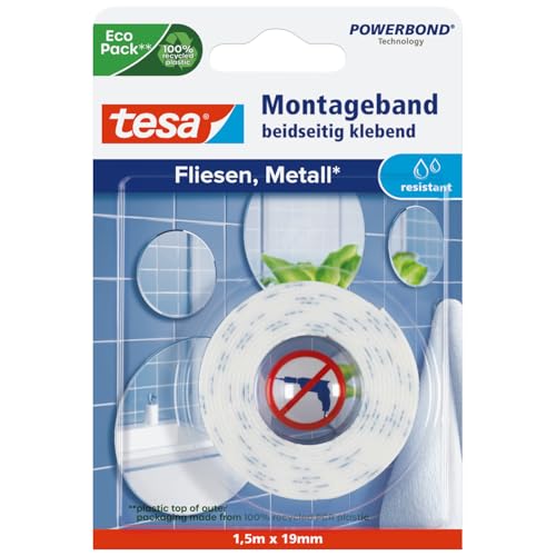 tesa Powerbond Montageband für Fliesen & Metall, feuchtraumbeständig, mit bis zu 10 kg Haltekraft pro Meter - doppelseitiges Montageklebeband für glatte Oberflächen - 1,5 m x 19 mm von tesa