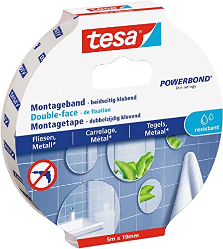 tesa Powerbond Montageband für Fliesen & Metall, feuchtraumbeständig, mit bis zu 10 kg Haltekraft pro Meter - doppelseitiges Montageklebeband für glatte Oberflächen - 5 m x 19 mm von tesa