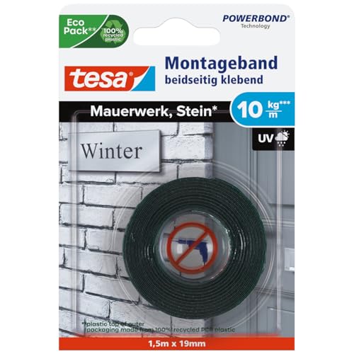 tesa Powerbond Montageband für Ziegel und Stein, 10 kg Haltekraft pro Meter - doppelseitiges Montageklebeband für Innen und Außen - 1,50 m x 19 mm von tesa