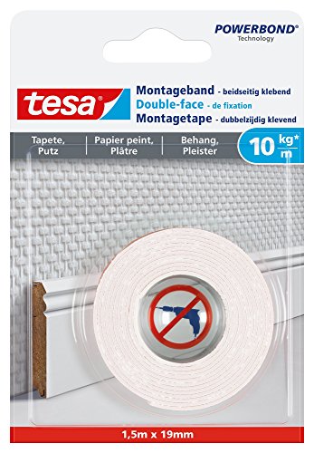 tesa Montageband Tapete&Putz, 10 kg Haltekraft pro Meter - starkes, doppelseitiges Montageklebeband zur Befestigung auf Gips und Tapeten - 1,5 m x 19 mm von tesa