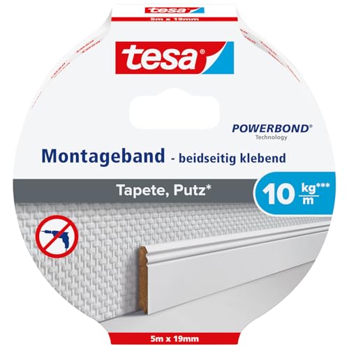 tesa Montageband Tapete&Putz, 10 kg Haltekraft pro Meter - starkes, doppelseitiges Montageklebeband zur Befestigung auf Gips und Tapeten - 5 m x 19 mm von tesa