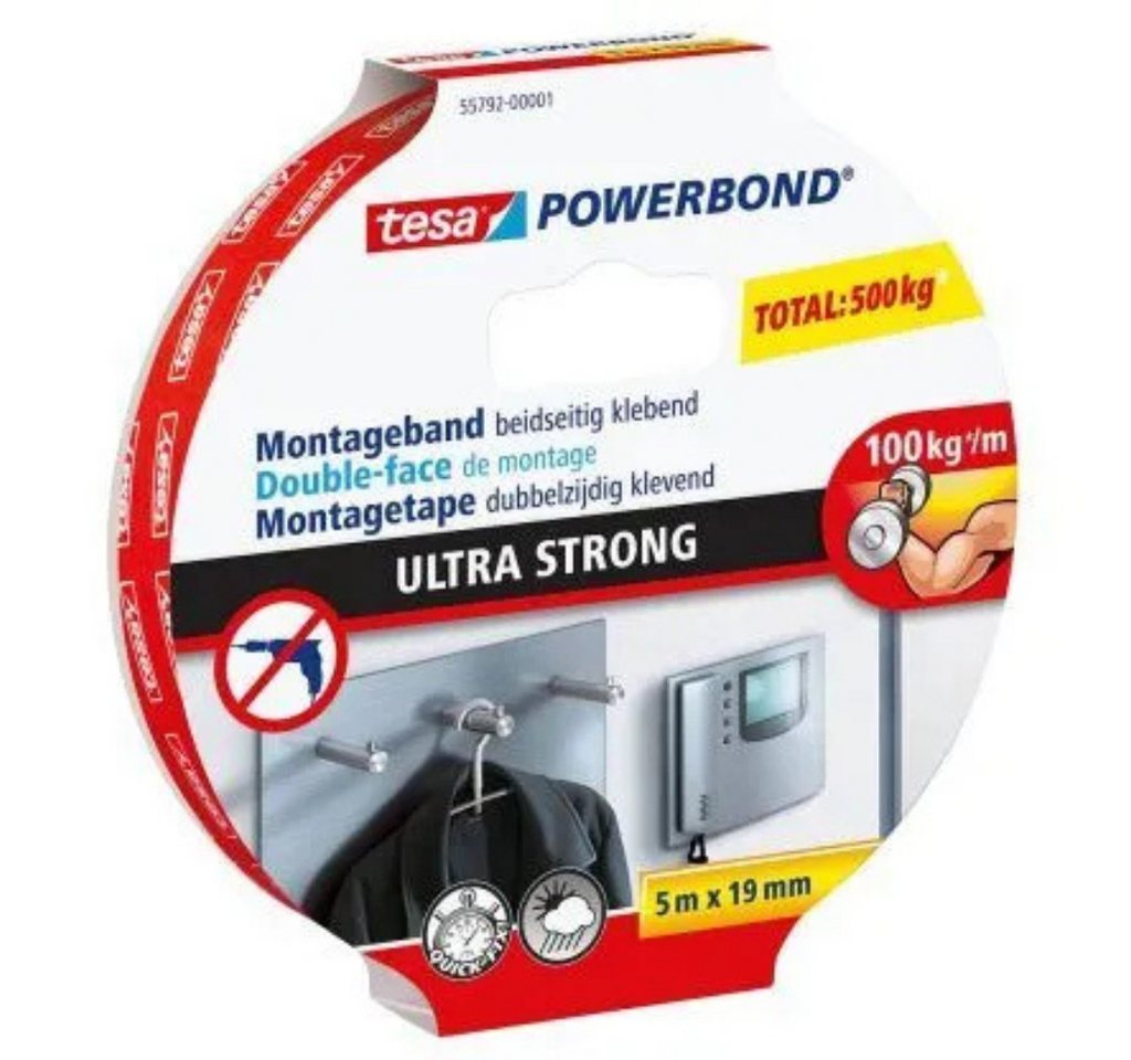 tesa Montageband tesa doppelseitiges Montageband POWERBOND (Packung, 1 St., tesa doppelseitiges Montageband POWERBOND), Extrem starke Haftung – perfekt für schwere Montagen von tesa