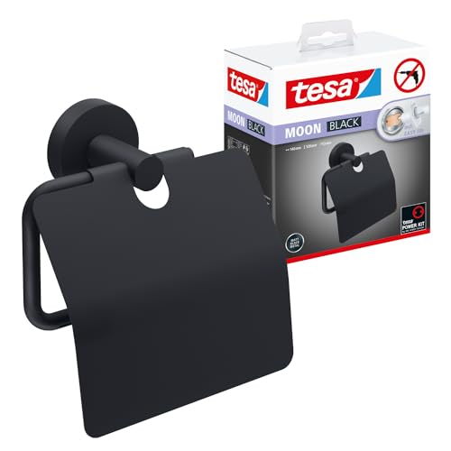 tesa Moon Black Toilettenpapierhalter mit Deckel, matt schwarz - WC-Rollenhalter zur Wandbefestigung ohne Bohren, inkl. Klebelösung - 53 mm x 140 mm x 128 mm von tesa