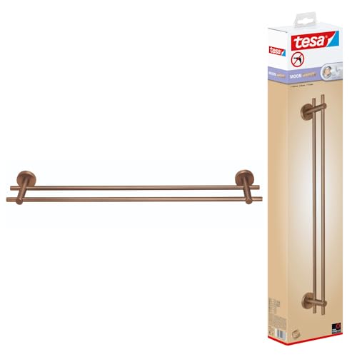 tesa Moon Bronze Doppel-Handtuchstange in gebürsteter Bronze - Selbstklebender Handtuchhalter mit 2 Stangen - aus PVD-beschichtetem Metall - ohne Bohren, inkl. Klebelösung - 640mm x 49mm x 115mm von tesa