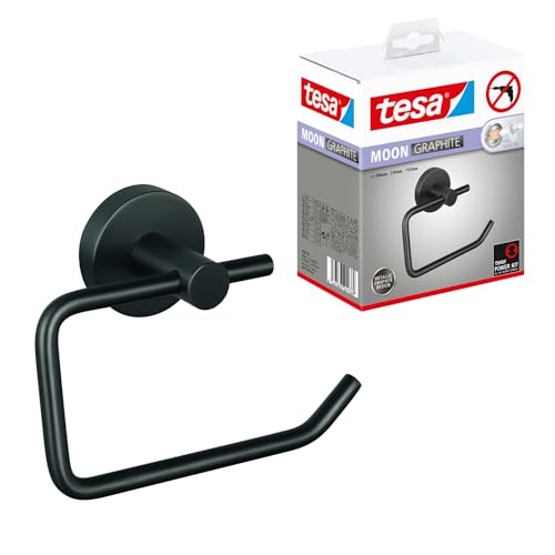tesa Moon Graphite Toilettenpapierhalter in gebürstetem Grafit - Selbstklebender Rollenhalter ohne Deckel, aus PVD-beschichtetem Metall - ohne Bohren, inkl. Klebelösung - 140mm x 99mm x 53mm von tesa
