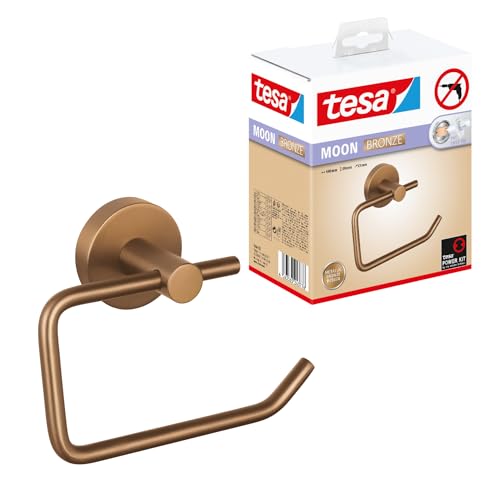 tesa MOON BRONZE Toilettenpapierhalter in gebürsteter Bronze - selbstklebender Rollenhalter ohne Deckel, aus PVD-beschichtetem Metall - ohne Bohren, inkl. Klebelösung - 140mm x 99mm x 53mm von tesa