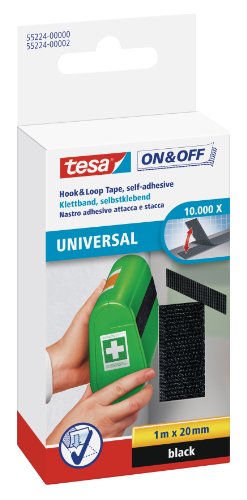 tesa On & Off Klettband zum Aufkleben - Selbstklebendes Klettklebeband zur Befestigung leichter Gegenstände - Schwarz, 2 cm x 100 cm von tesa