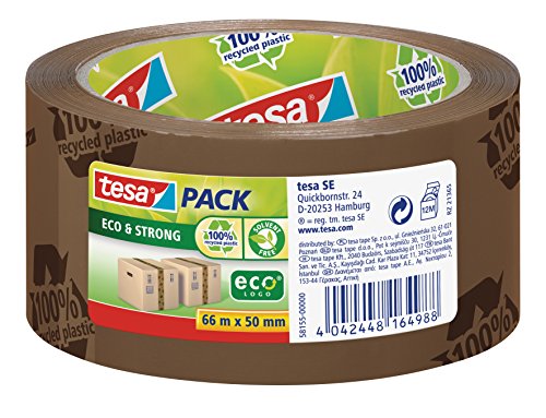 tesapack Eco & Strong - Umweltschonendes Paketband aus 100 % recyceltem Kunststoff, UV- und alterungsbeständig - Braun bedruckt - 66 m x 50 mm von tesa