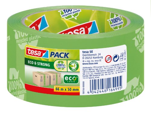 tesapack Eco & Strong - Umweltschonendes Paketband aus 100 % recyceltem Kunststoff, UV- und alterungsbeständig - Grün bedruckt - 66 m x 50 mm von tesa