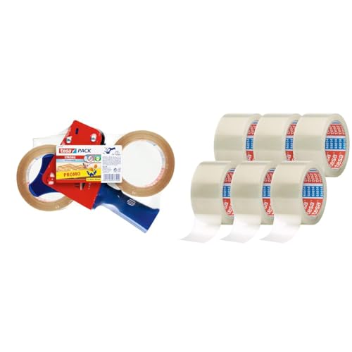 tesa Paketband-Abroller und tesapack Paketbänder im Set - 2 x hochwertiges Packband - Transparent - 66 m x 50 mm & pack 64014 im 6er Pack - Geräuscharmes Paketklebeband - transparent - je 66 m von tesa