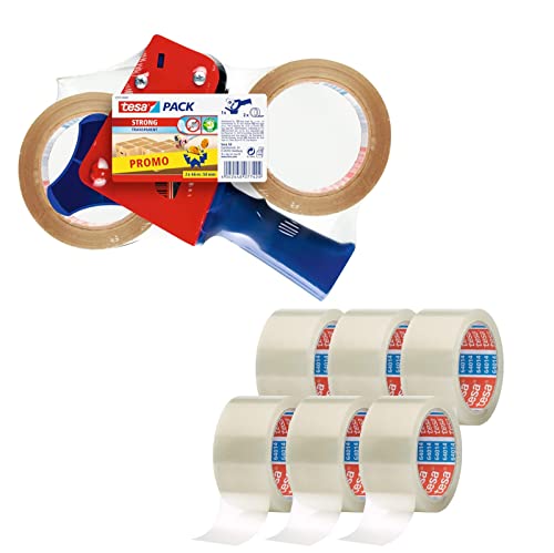 tesa Paketband-Abroller und tesapack Paketbänder im Set - 2 x hochwertiges Packband inklusive 1 Abroller - Transparent - 66 m x 50 mm (Promopack + 6 Ersatzrollen) von tesa