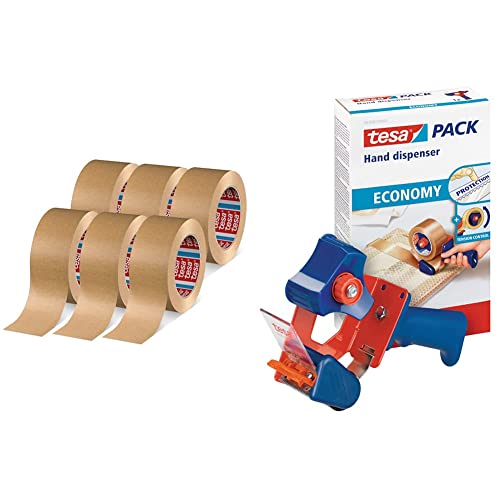 tesa Papier Standard, braun 50m:50mm, weiß, 50mm braun (6 Stück) & Packband Handabroller ECONOMY - robuster Abroller für Paketbänder - Profi-Qualität - Für Klebebänder mit bis zu 50 cm Breite von tesa