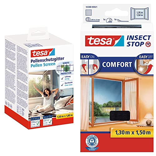 tesa Pollenschutzgitter - zuschneidbarer, transparenter Pollenschutz für Allergiker - Anthrazit - 150 cm x 180 cm & Insect Stop COMFORT Fliegengitter für Fenster, 130 cm x 150 cm von tesa