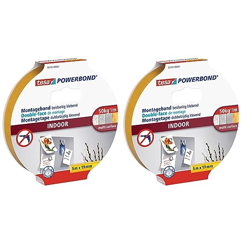 tesa Powerbond INDOOR - Doppelseitiges Montageband für den Innenbereich - beidseitig stark klebend, zur permanenten Befestigung - 5 m (Packung mit 2) von tesa