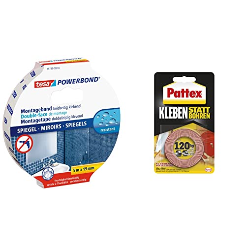 tesa Powerbond MIRROR - Doppelseitiges Montageband - 5 m x 19 mm & Pattex Kleben statt Bohren Klebeband, extra starkes doppelseitiges Klebeband, Doppelklebeband 19mm x 1,5m von tesa