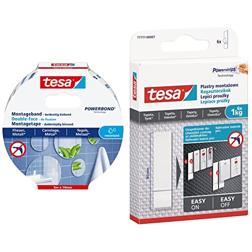 tesa Powerbond Montageband - 5 m x 19 mm & Powerstrips Tapete&Putz - doppelseitige Klebestreifen für Tapete und Gips - Ersatz-Klebestreifen Klebenagel - Haltekraft 6x1KG von tesa